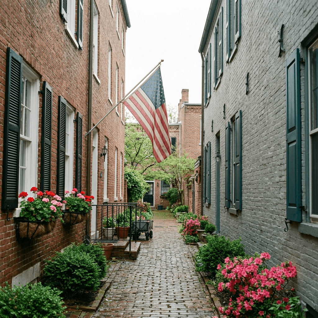 A narrow brick-paved alleyway recedes into the distance between two multi-story buildings, viewed from ground level looking straight down the passage.