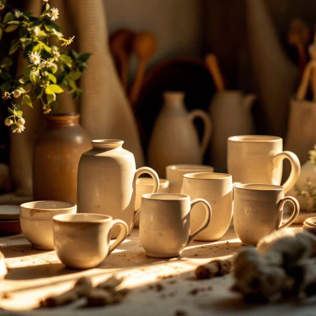 The scene is set indoors, likely in a pottery studio.