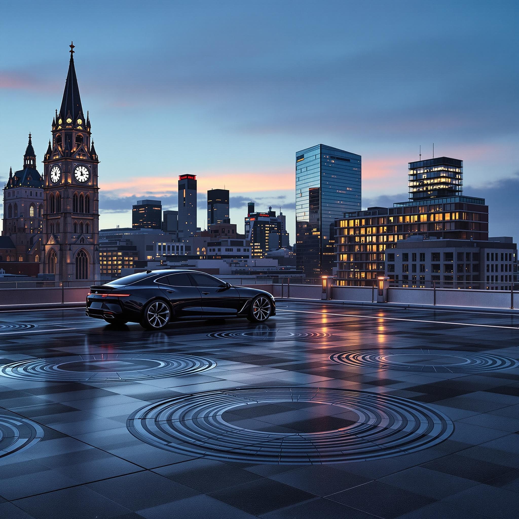 The scene is set on a rooftop parking structure in an urban environment during the serene moments of dusk.