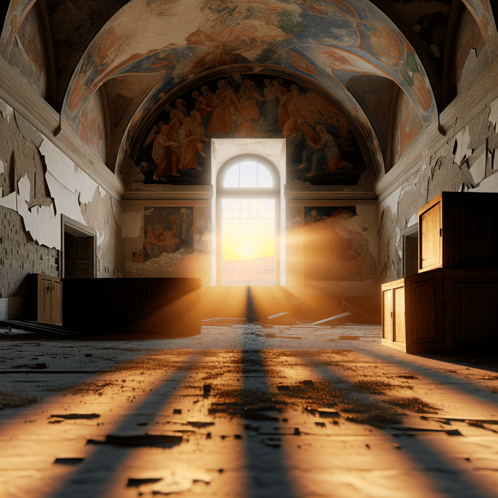 The scene is indoors, likely within a grand cathedral or historical building.