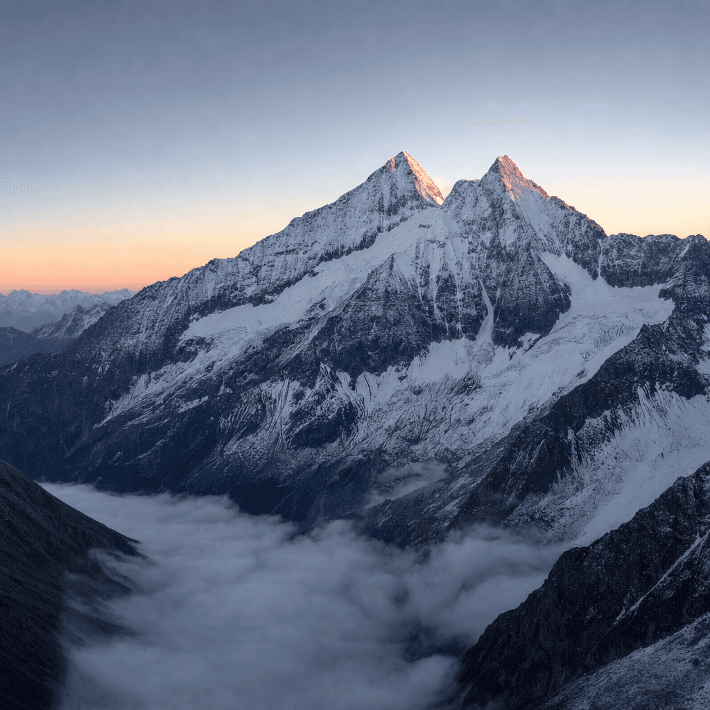 A wide, high-angle view shows a dramatic alpine mountain range filling most of the frame, with two dominant jagged snow-covered peaks rising above darker ridgelines.