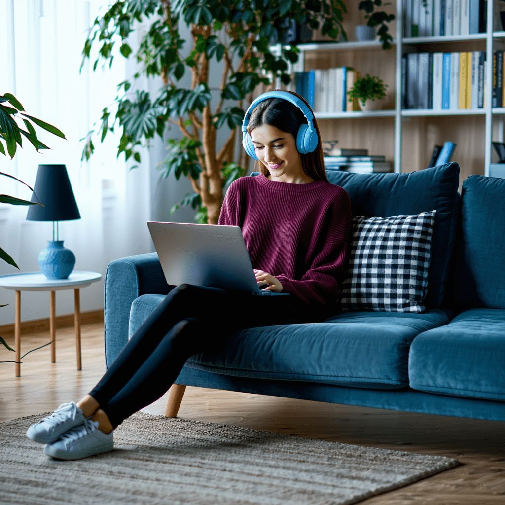 The scene is set indoors in a cozy, well-lit living room.