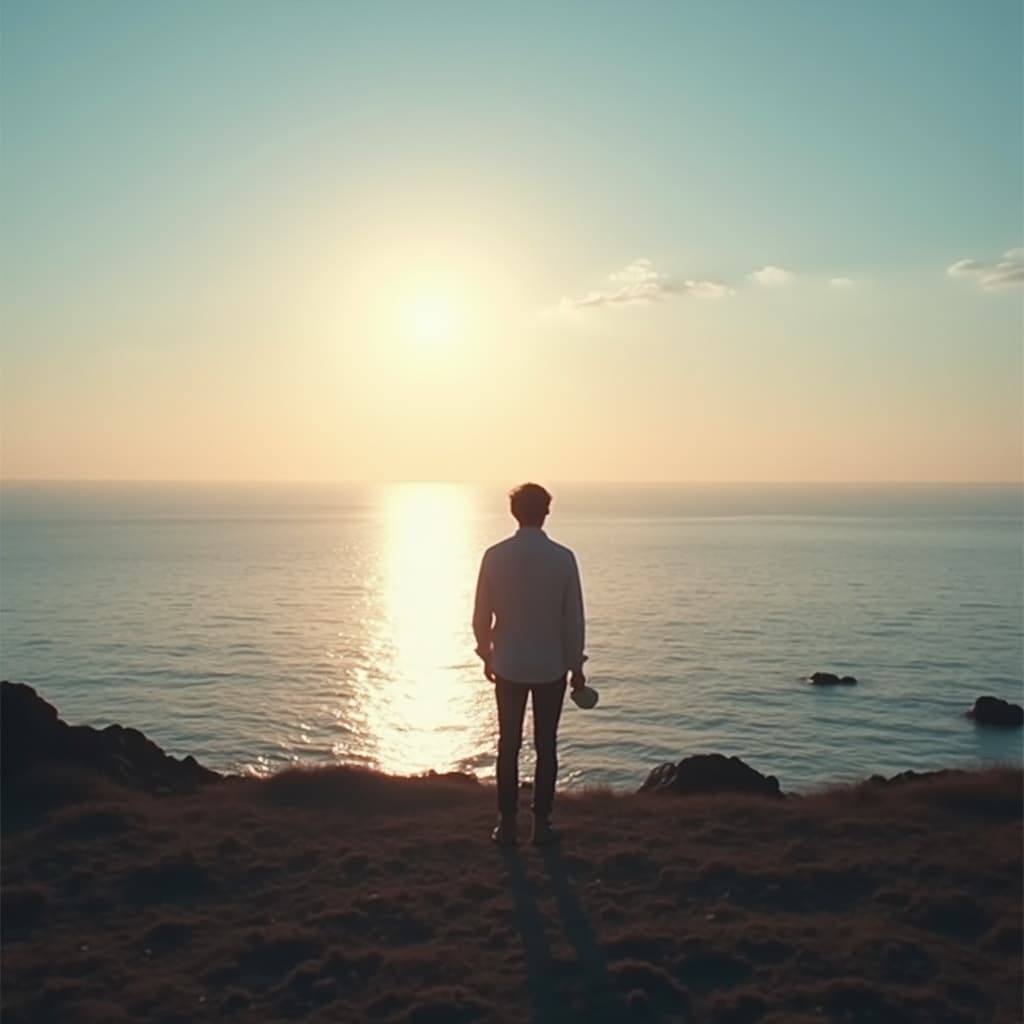 The scene unfolds outdoors, capturing a serene coastal setting.