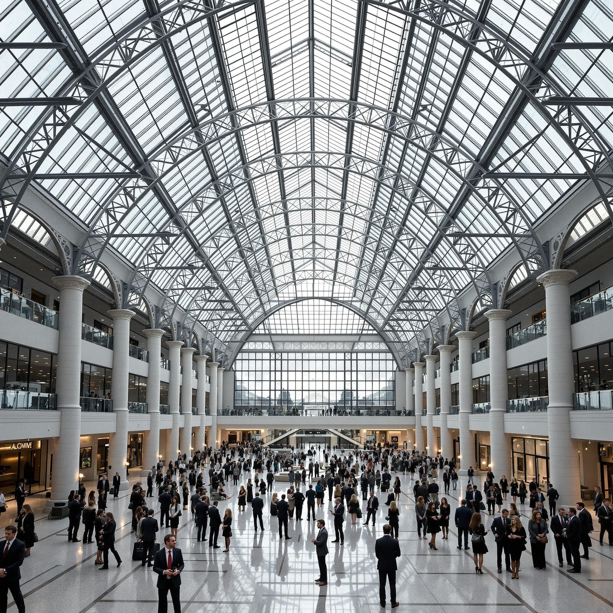 The scene is set indoors within a spectacular architectural atrium, characterized by a high, vaulted glass ceiling arching above, allowing natural light to filter in.