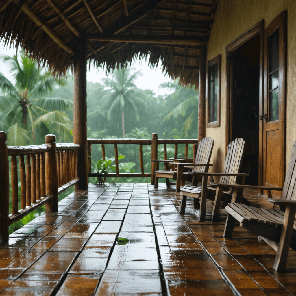 The scene is set on a rustic, wooden veranda in a lush, tropical outdoor setting.