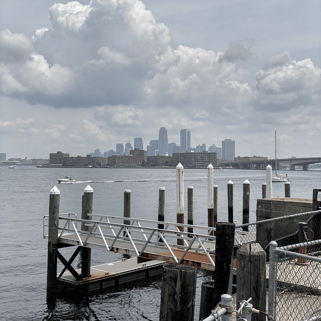 A waterfront scene captured from a pier looking across a broad expanse of gray-blue harbor toward a distant city skyline of mid-rise and high-rise buildings, some glassy and modern, softened by atmospheric haze.