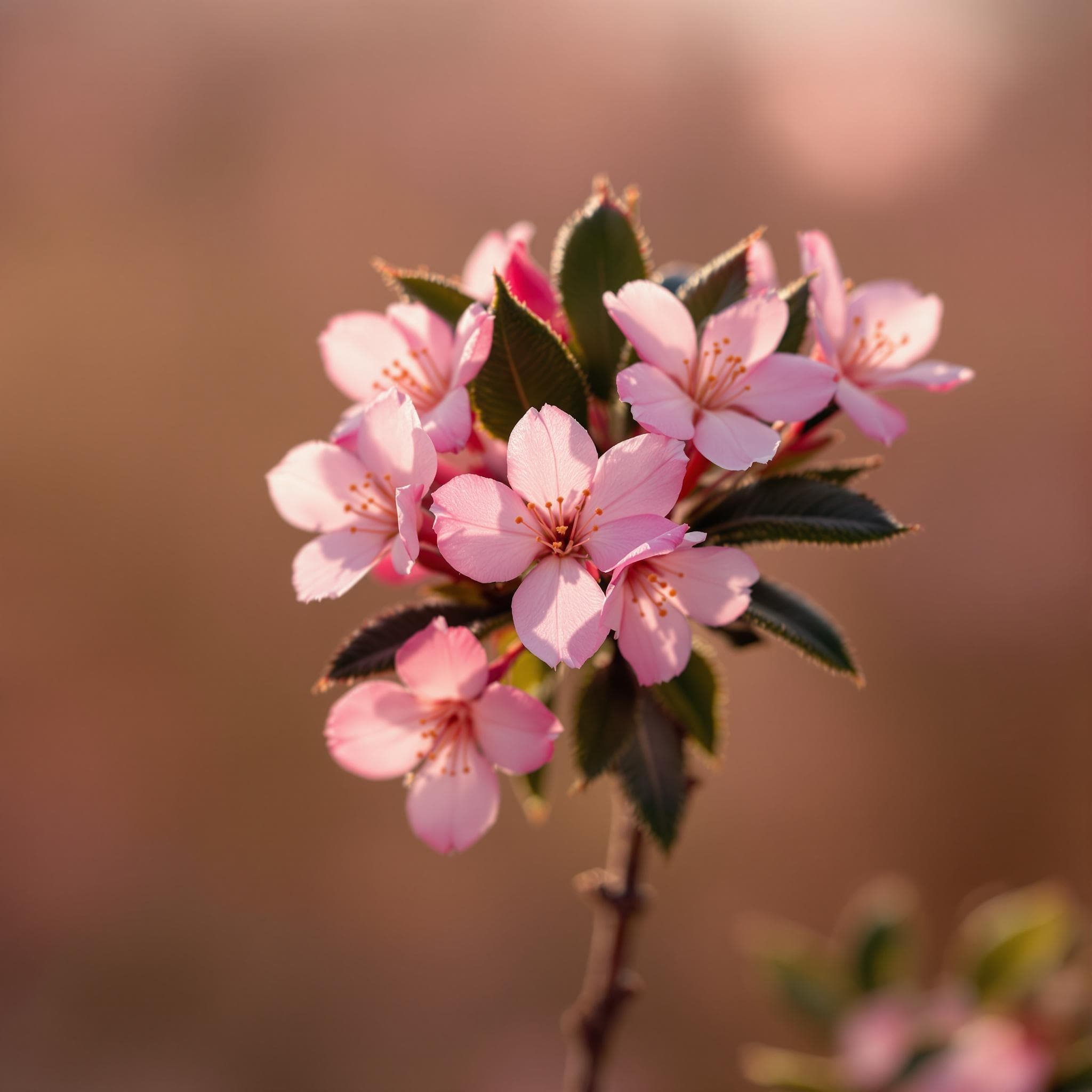 The scene is a close-up, detailed view of delicate pink blossoms against a blurred background.