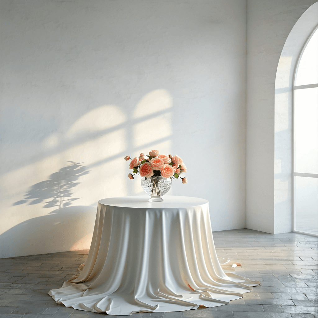 The scene is set indoors, in a sparsely decorated room with minimalistic white walls and soft lighting that gently illuminates the space, creating a serene and peaceful atmosphere.