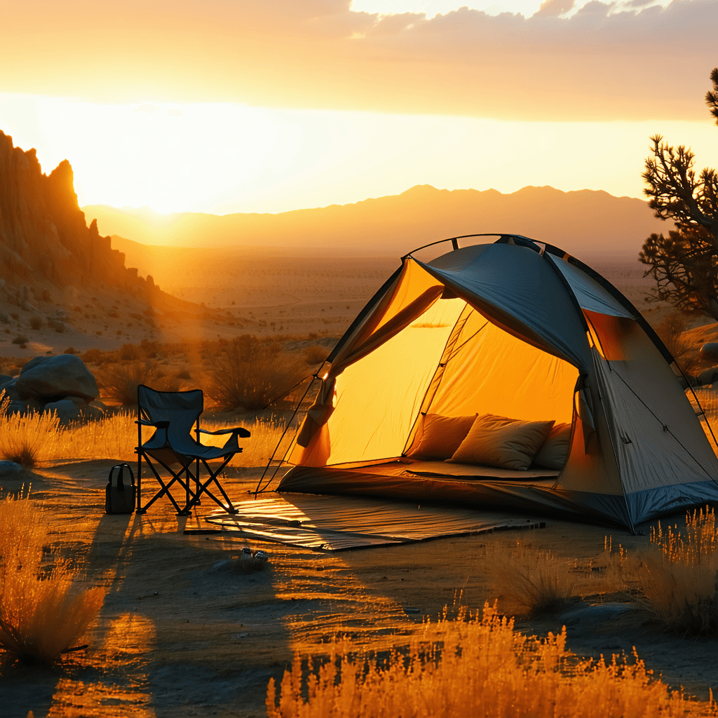 The scene is set outdoors in what seems to be a campsite, bathed in the soft glow of morning sunlight.