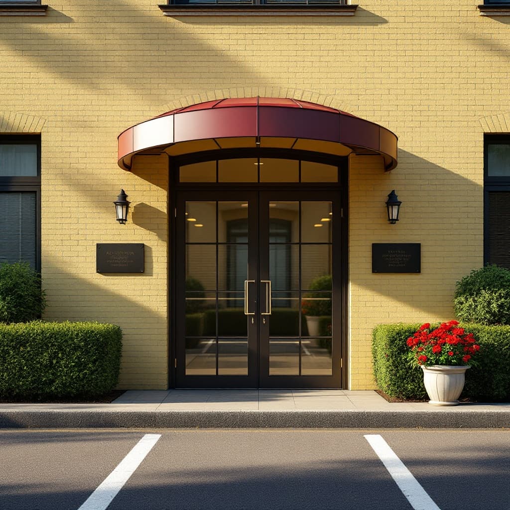 The scene is set outdoors in front of a building with a light yellow brick façade.
