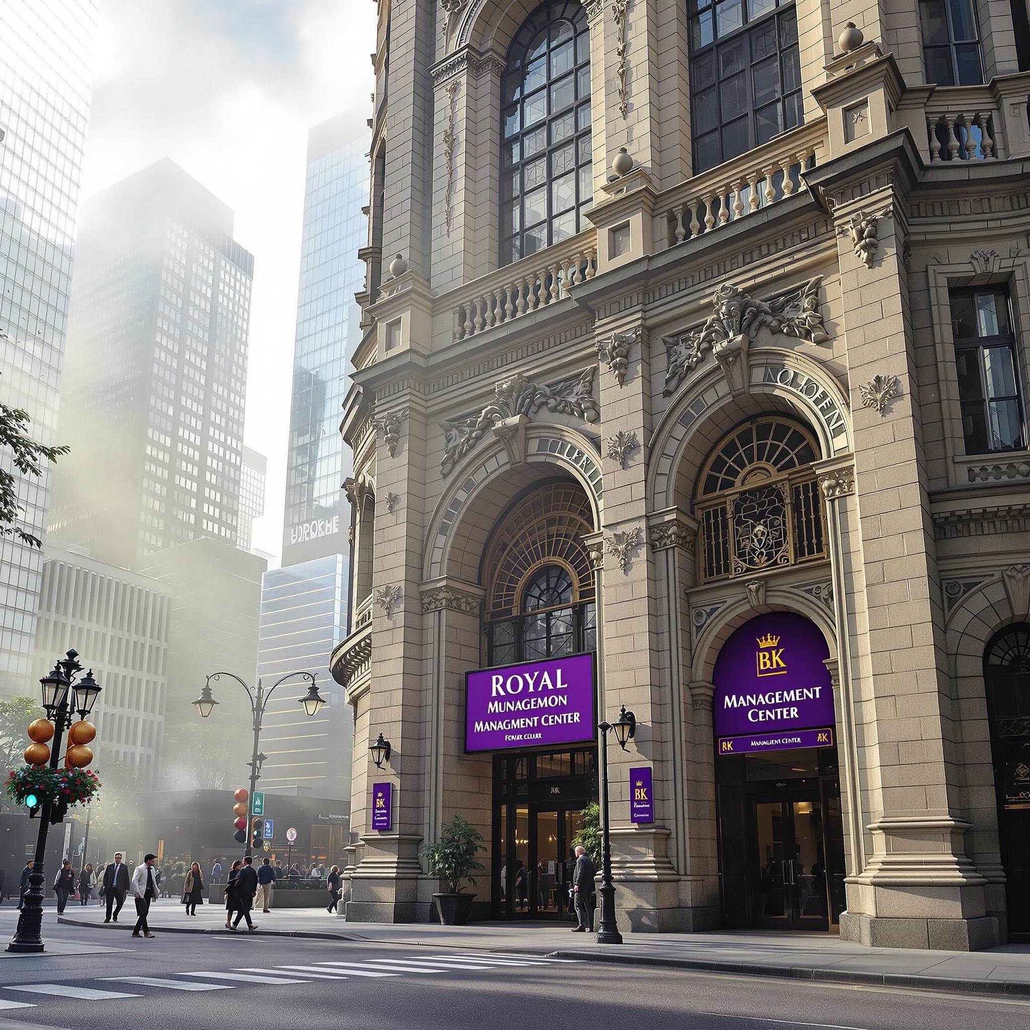 The scene is set outdoors in an urban environment, likely in the bustling setting of a city.