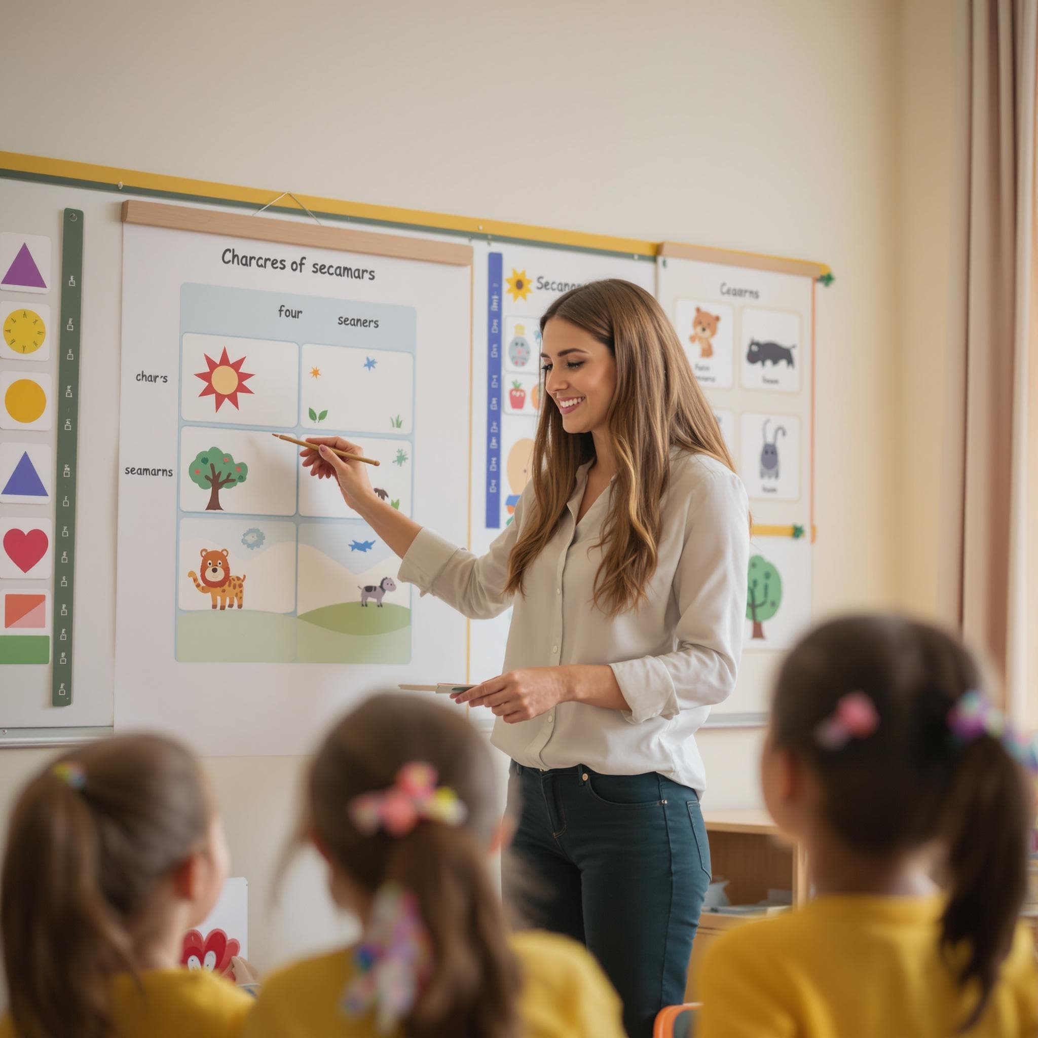 The scene unfolds indoors within a lively classroom setting during the daytime, as indicated by the bright interior lighting.