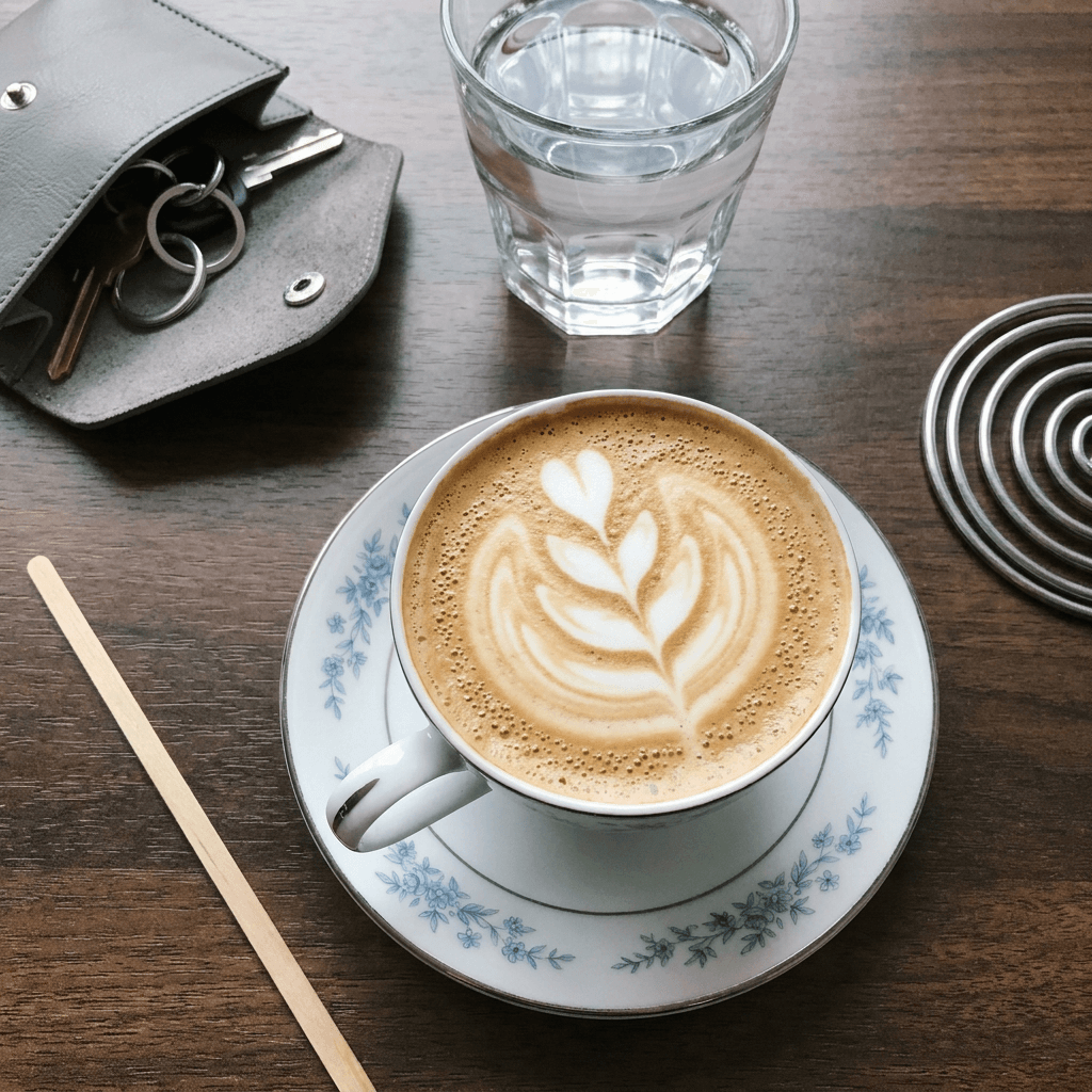 A cappuccino sits centered on a white porcelain saucer decorated with a delicate blue floral pattern and a thin silver rim, viewed from a high overhead angle on a dark brown wood-grain table.