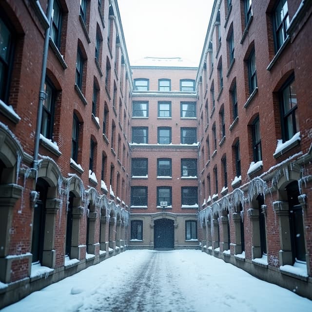 The scene is set outdoors, in an enclosed courtyard surrounded by tall, multi-story brick buildings.
