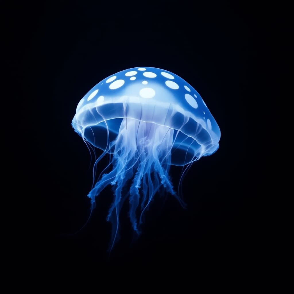 The scene is set underwater, surrounded by a dark, almost black background that evokes a sense of depth and mystery.
