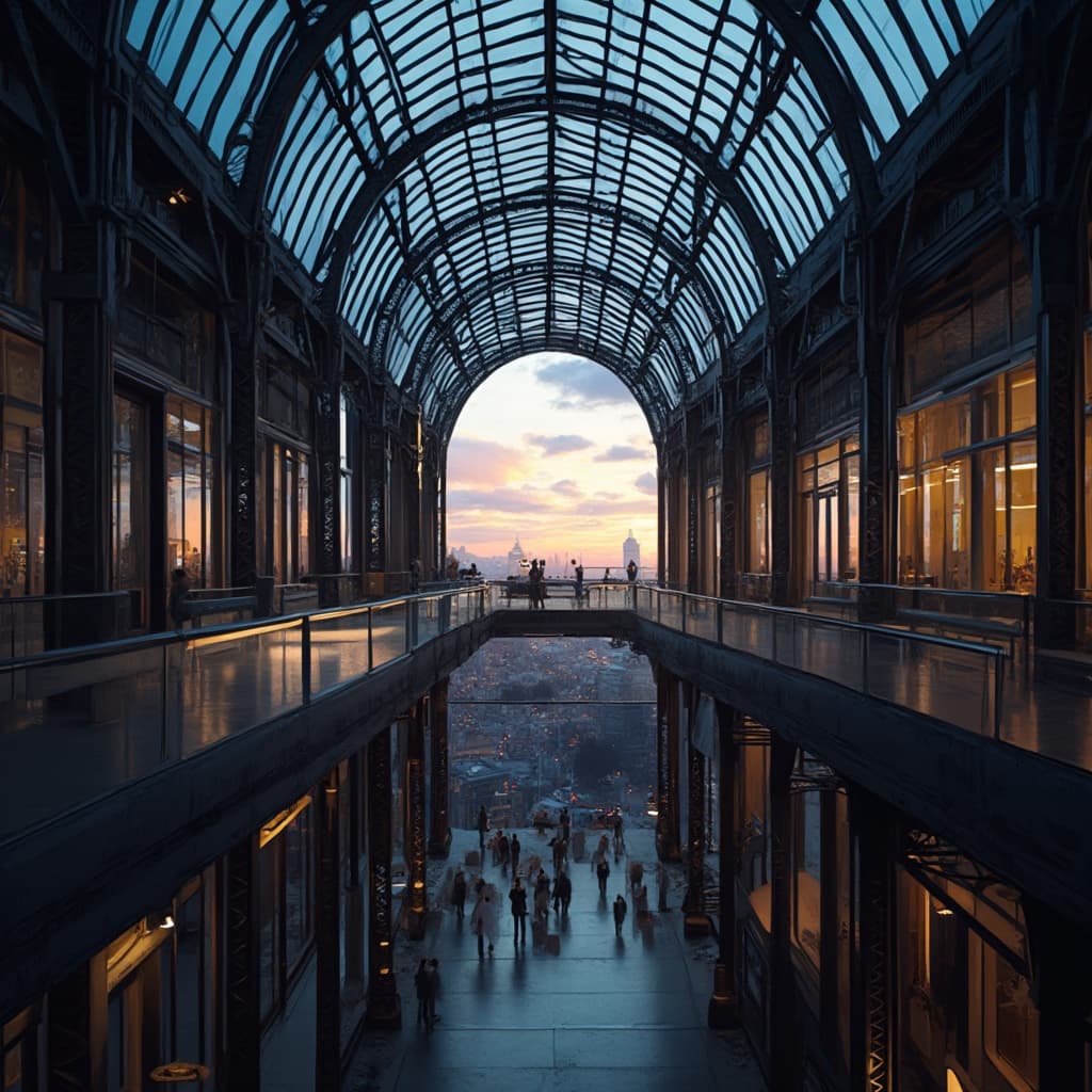 The scene depicts an expansive indoor atrium with a striking architectural design.