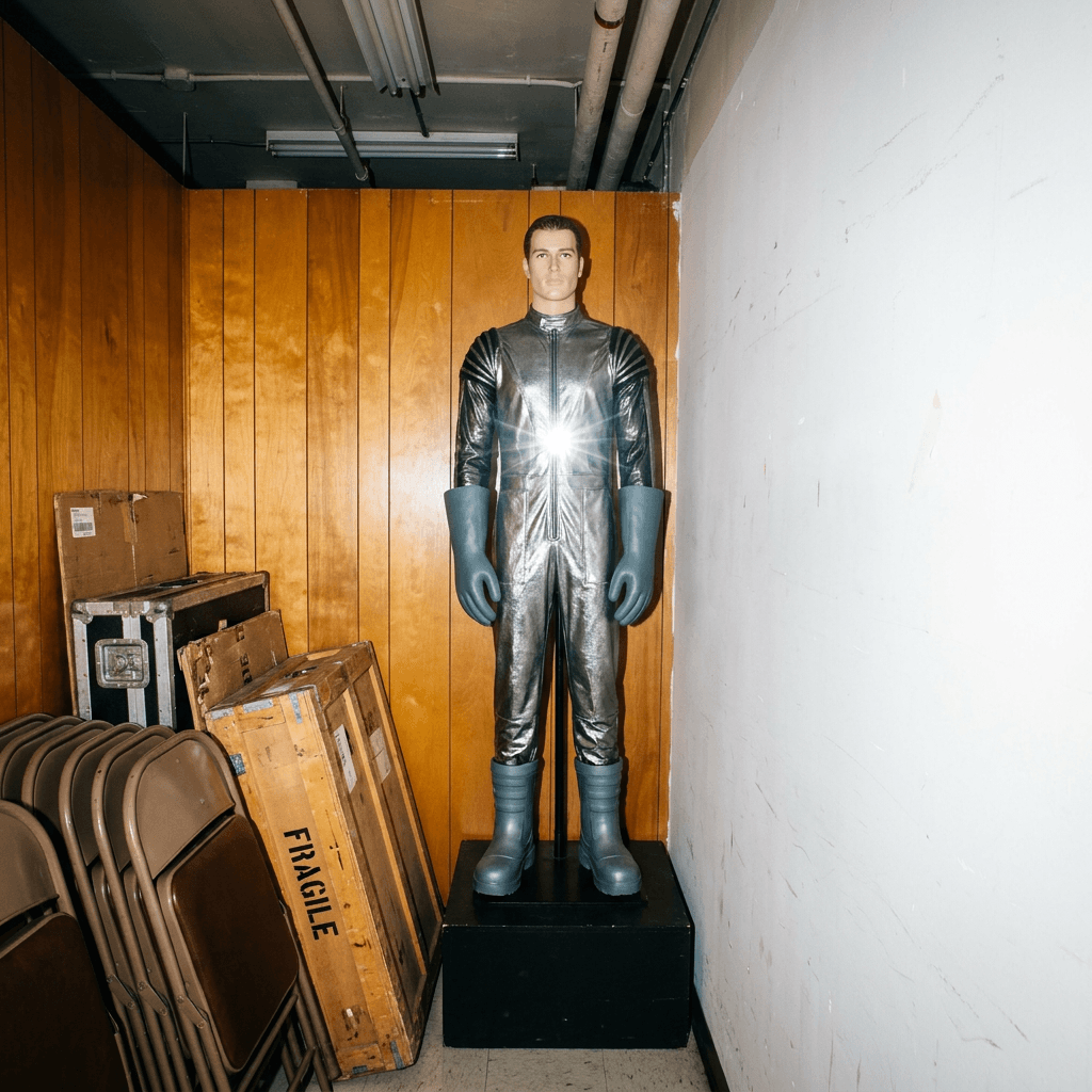 A full-length novelty figure stands indoors against a mixed backdrop of wood paneling and a plain white wall, cropped at the neck and centered in the frame.