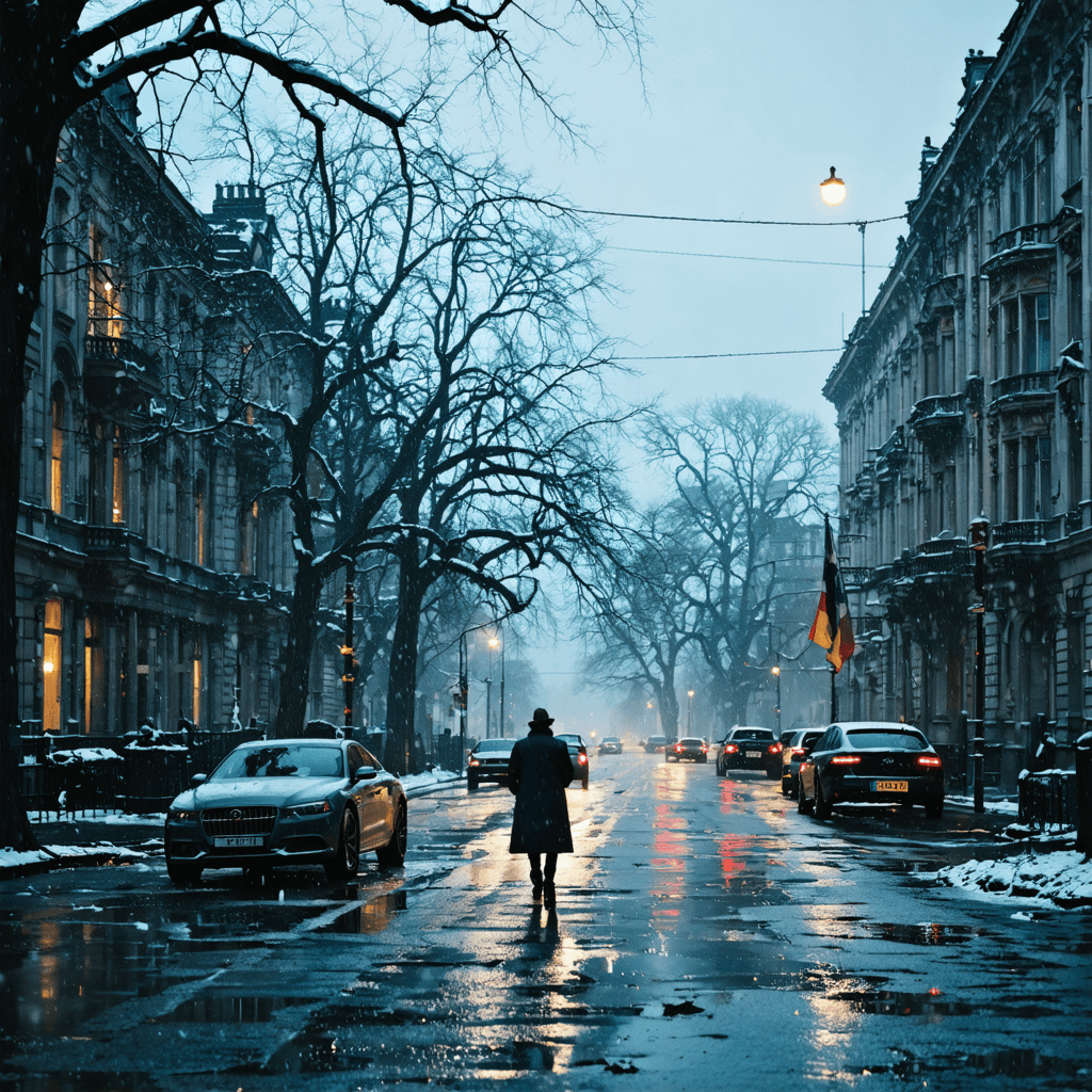 The scene is set outdoors on a quiet street lined with tall, bare trees lightly dusted with snow.