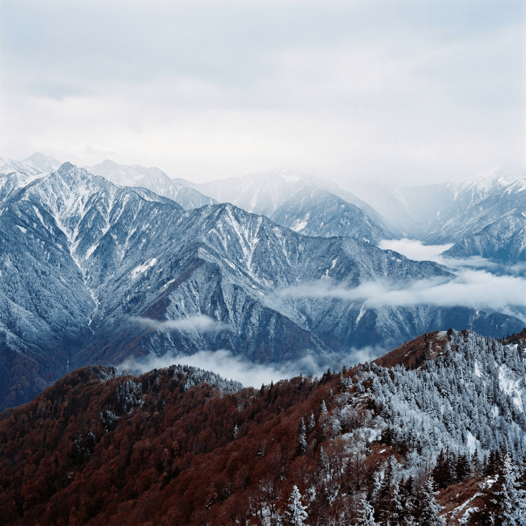 A rugged alpine mountain range stretches across the frame under a pale, softly graded sky that brightens toward the horizon, suggesting early morning or late afternoon light.
