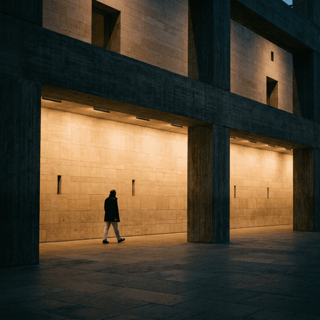 A dim interior architectural space is shown in a wide view, framed by several tall rectangular concrete pillars that create deep vertical bands of shadow across the foreground.