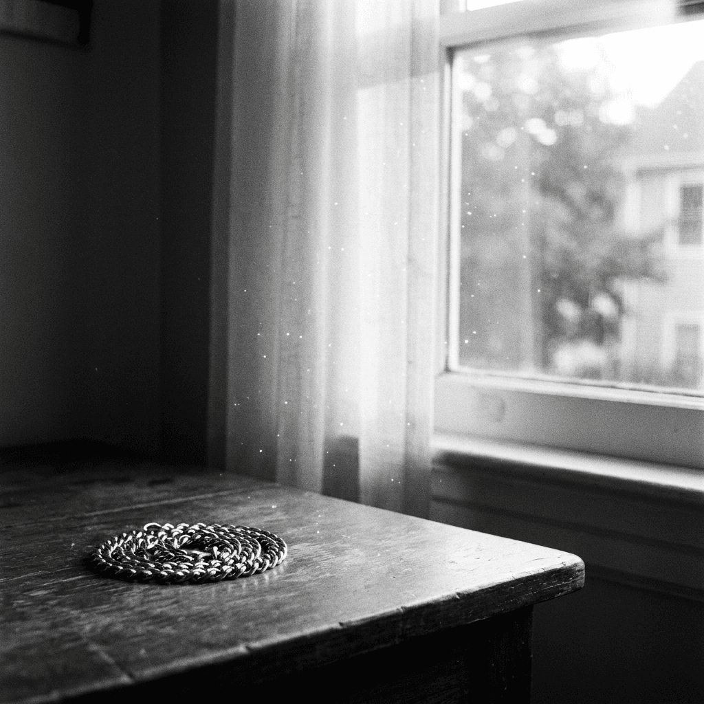 A close, low-angle black-and-white view shows a small reflective chain or flexible metal object lying on a smooth wooden surface near the lower left foreground, its curved body catching bright highlights and casting a dark shadow.