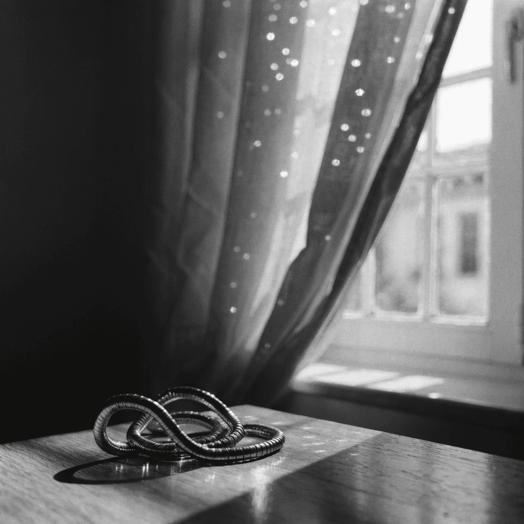 A close, low-angle black-and-white view shows a small reflective chain or flexible metal object lying on a smooth wooden surface near the lower left foreground, its curved body catching bright highlights and casting a dark shadow.