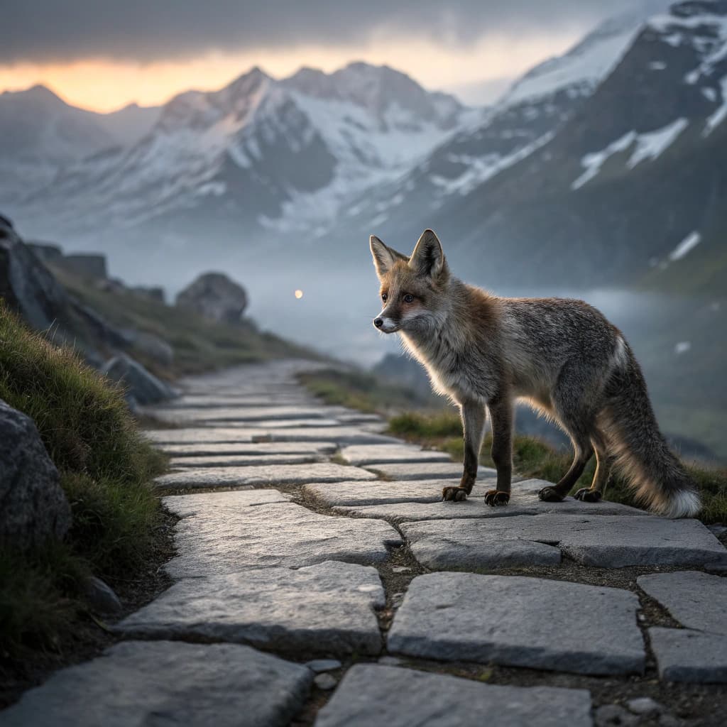 The scene depicts an outdoor setting, likely in a mountainous area, during the soft glow of morning or perhaps the gentle fade of dusk.