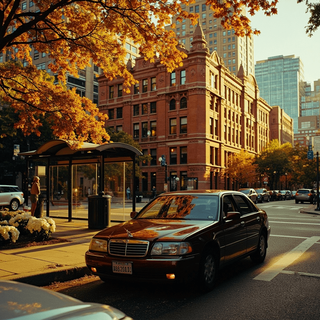 An urban street scene captured in late afternoon with warm, low-angle sunlight illuminating brick and glass facades against a clear blue sky.