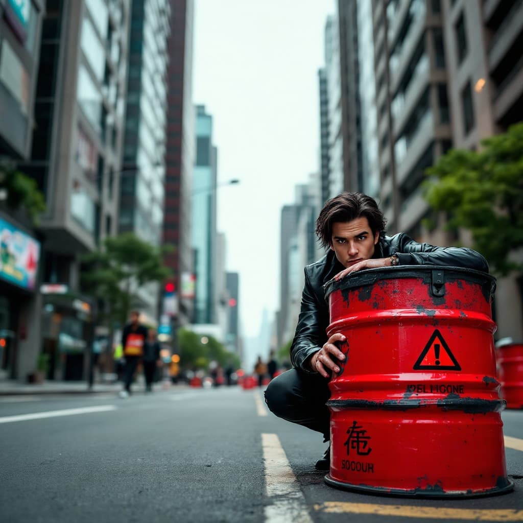 The scene unfolds outdoors in an urban setting, characterized by towering buildings that create a canyon-like effect along the street.