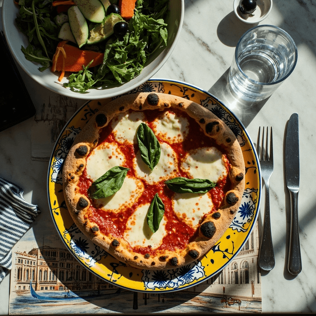 A freshly baked Neapolitan-style Margherita pizza sits centered on a decorative ceramic plate with a yellow rim and blue floral edge design, viewed from a slightly elevated angle.