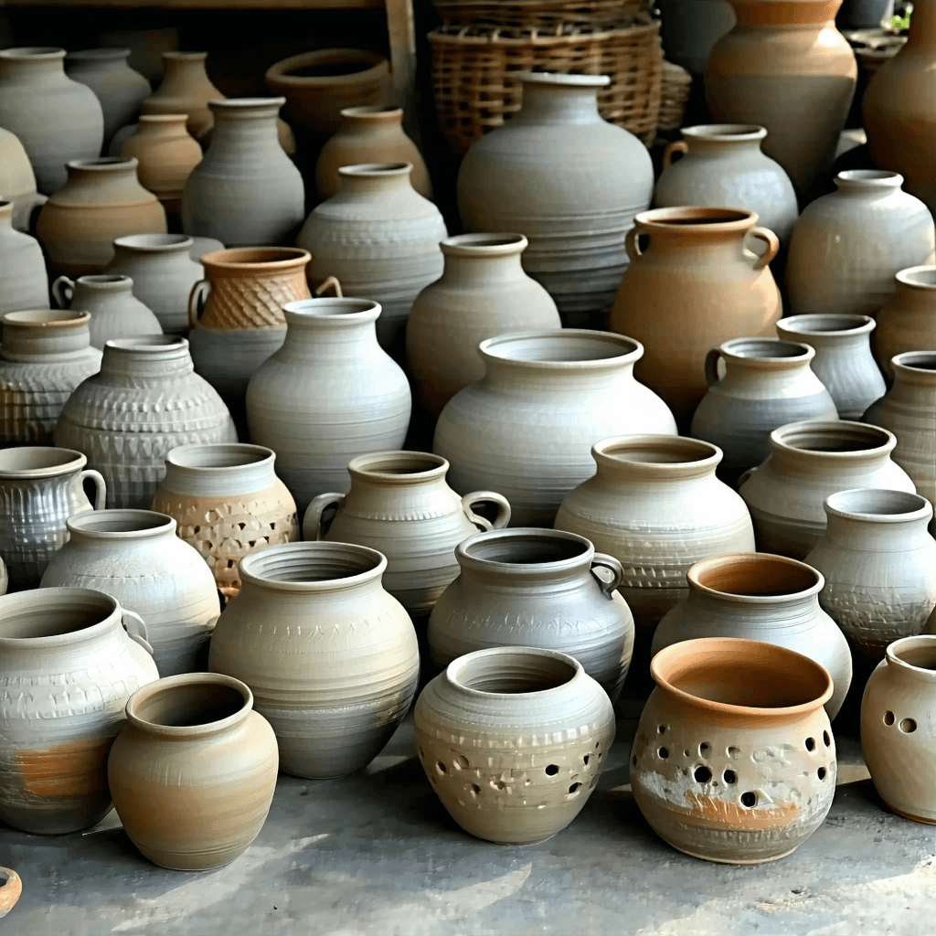 The scene is set indoors, likely in a pottery studio.