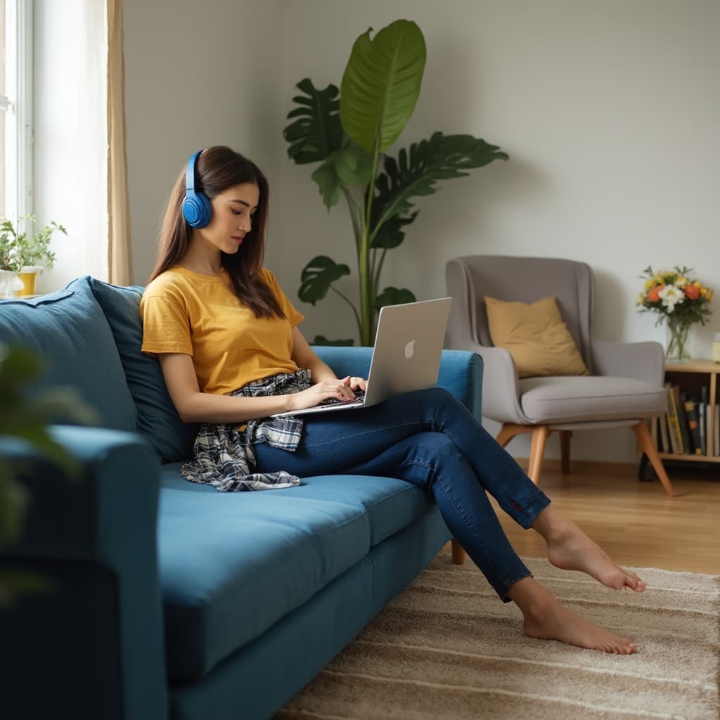The scene is set indoors in a cozy, well-lit living room.