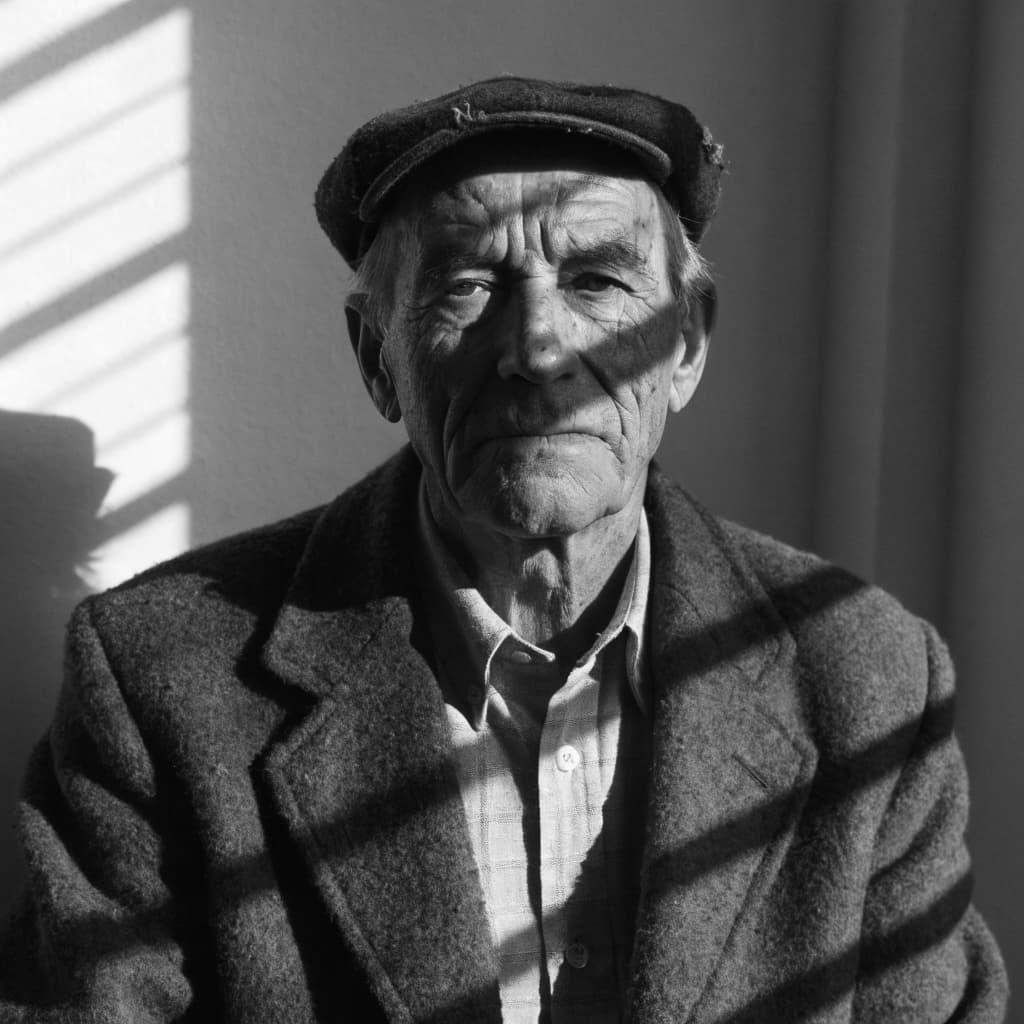 A close, chest-up black-and-white portrait shows an older man standing against a plain interior wall, with the camera level and centered on his face and upper torso.