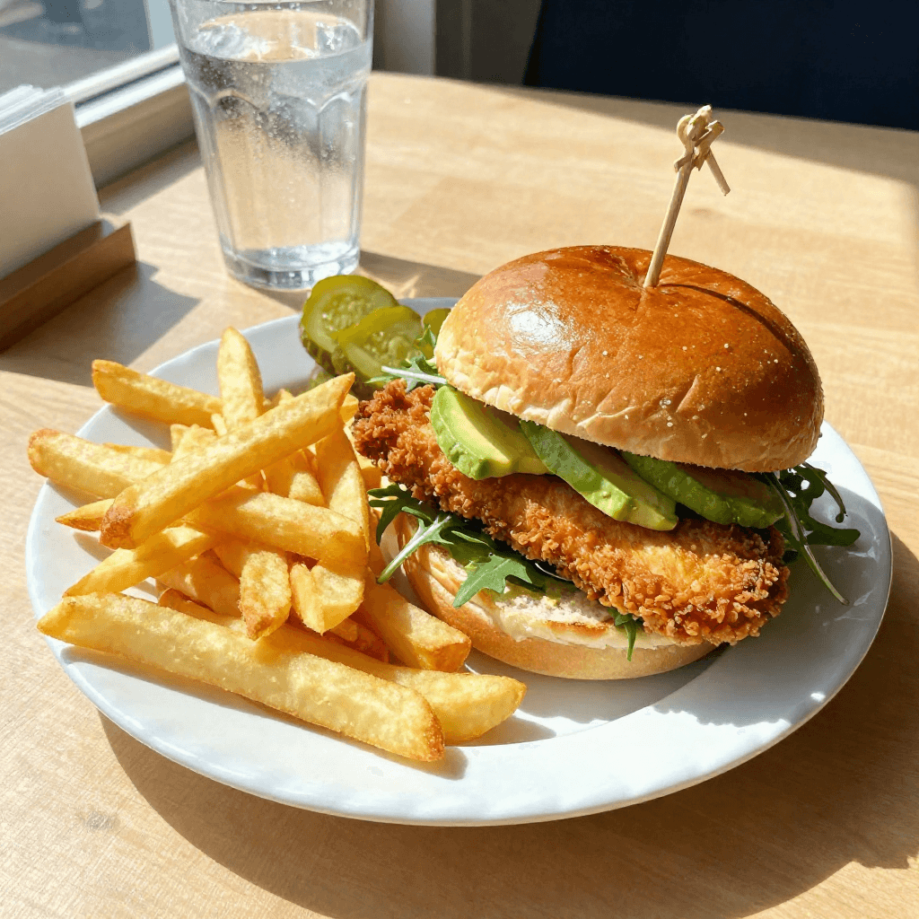 A meal is served on a white scalloped-edge ceramic plate resting on a light wood-grain table, viewed from a close, slightly elevated angle.