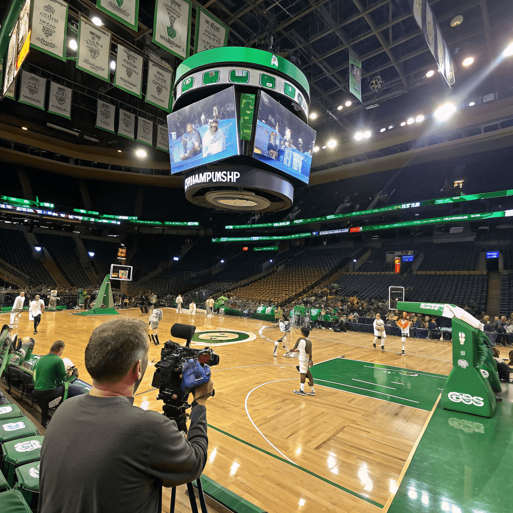 This indoor basketball arena is captured from an elevated upper-level seat, looking down at a steep angle toward the polished hardwood court in the midground, where a green-and-white team logo circle sits at center.