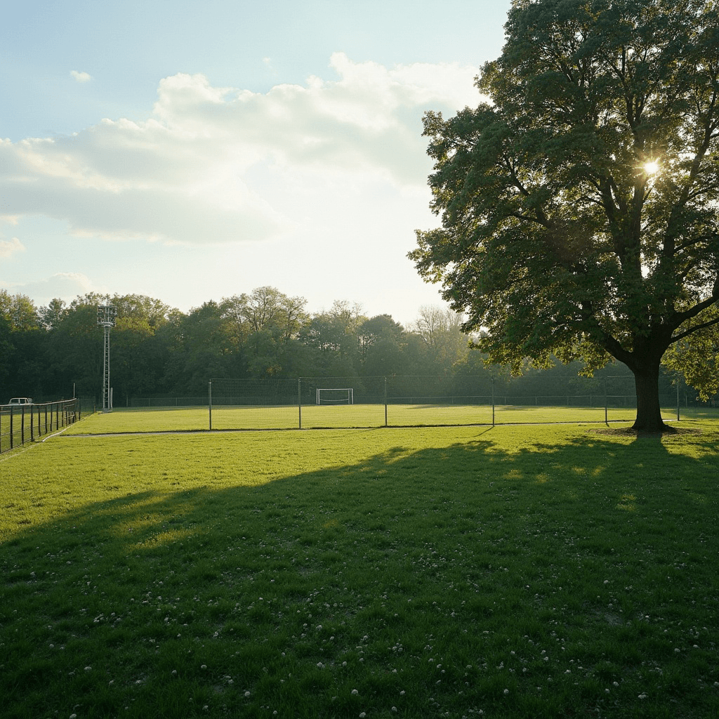 An expansive, sun-drenched grassy field dominates the foreground, its uneven green blades scattered with small white clover flowers near the bottom edge, dappled with soft tree shadows.
