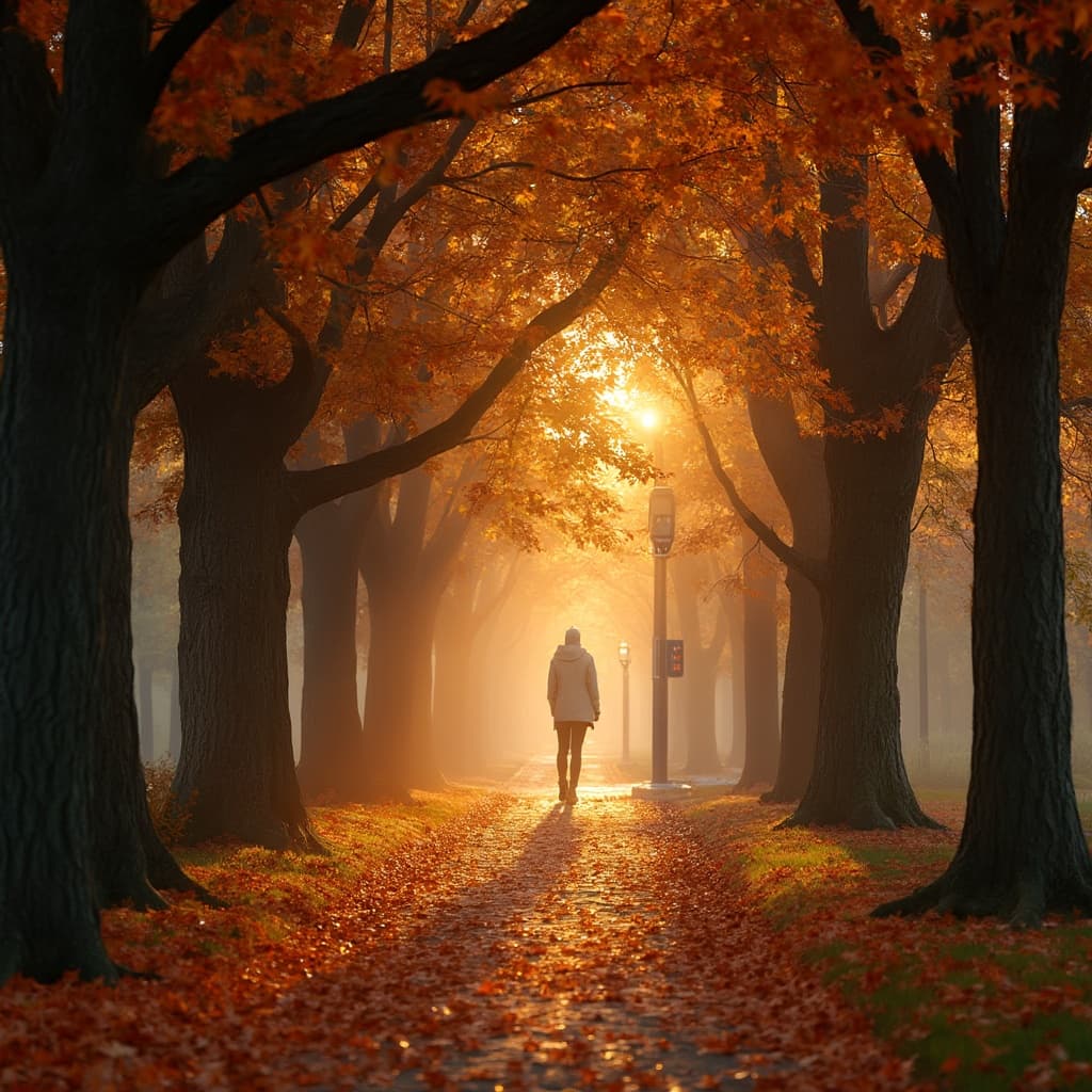 The scene is set outdoors, in a tree-lined pathway enveloped by the golden, warm hues of early evening light.