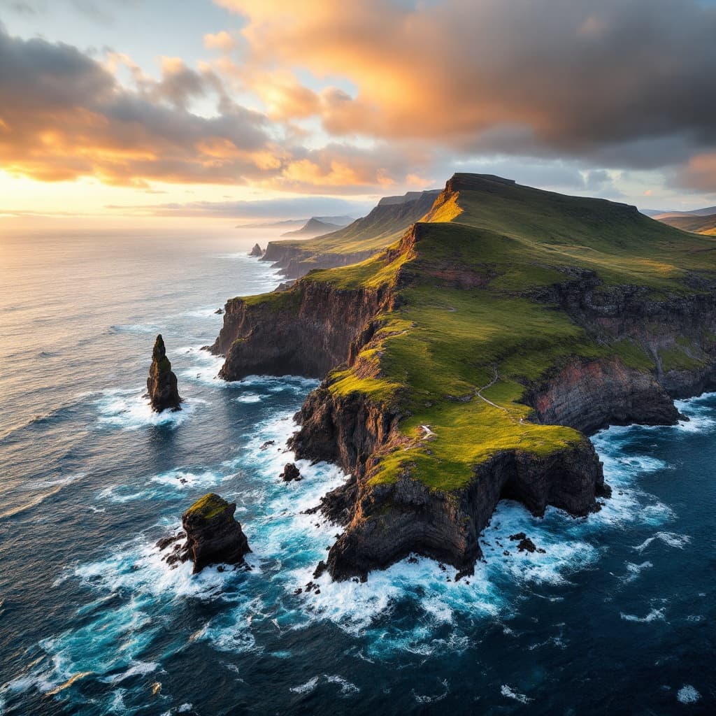 The scene presents a dramatic aerial view of an island jutting out into the ocean, framed by turbulent waves.