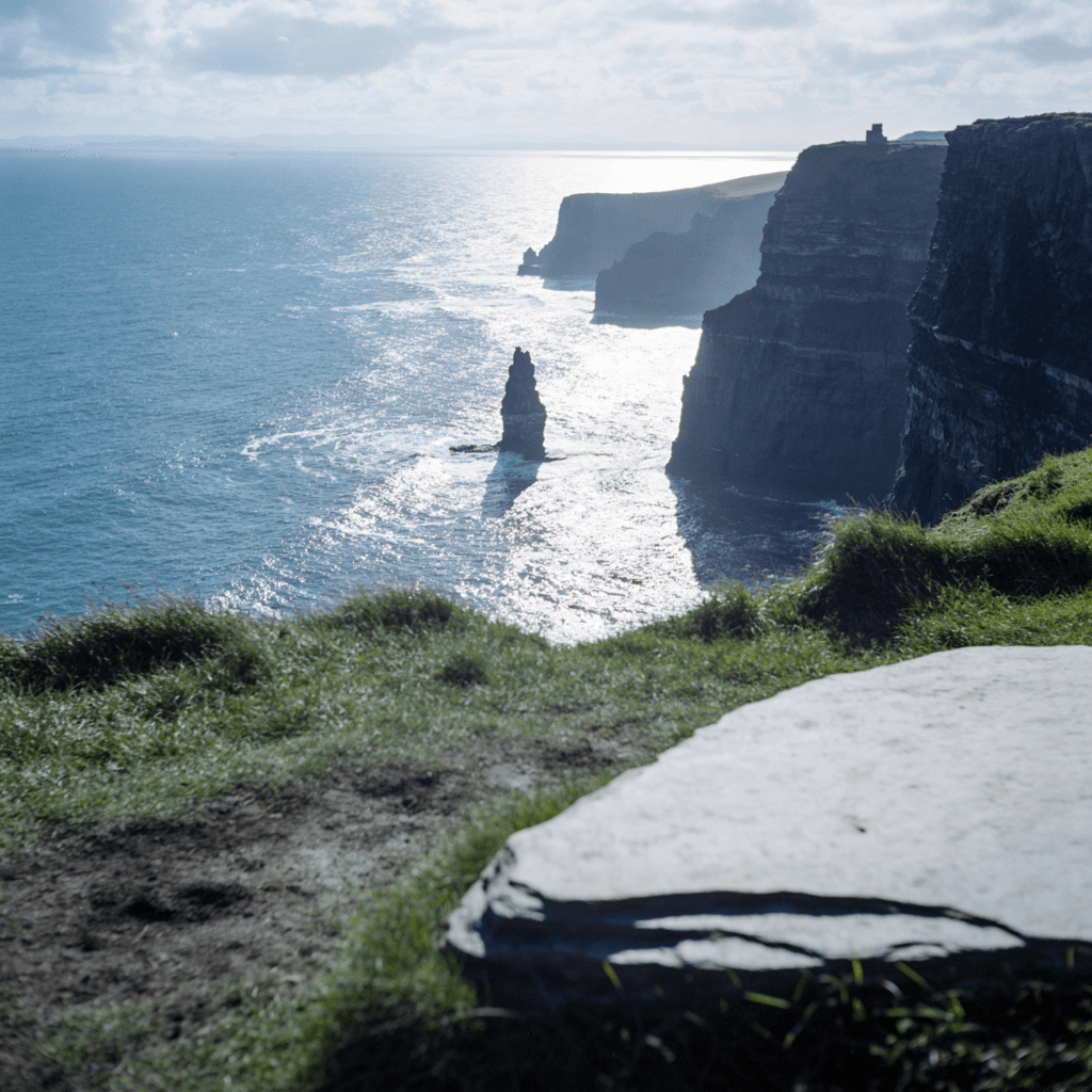 A dramatic coastal landscape captured from a grassy clifftop vantage, showing towering dark sea cliffs plunging into an expansive ocean under a bright, partly cloudy sky.