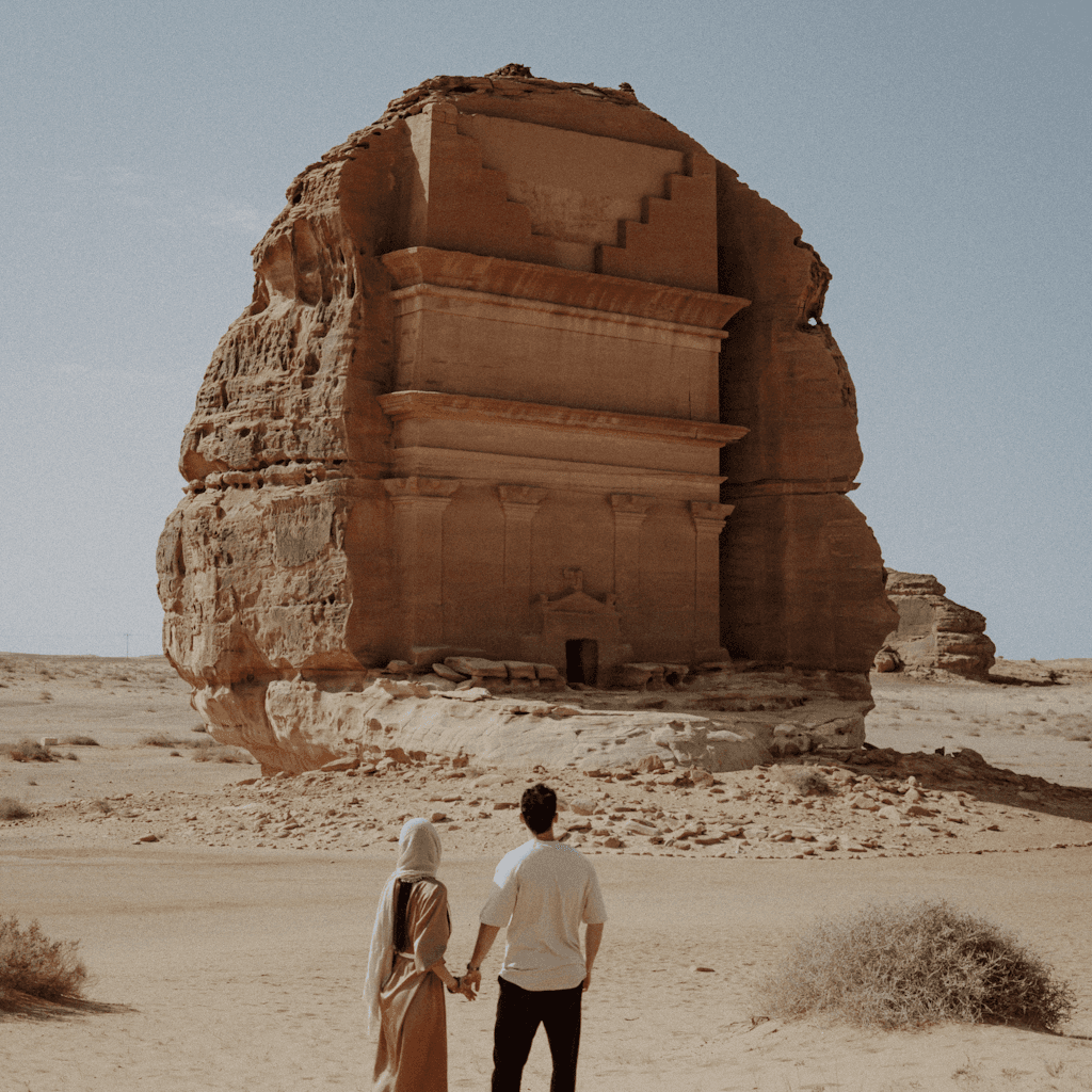 The scene unfolds outdoors in a desert landscape, dominated by a monumental ancient rock-cut structure.