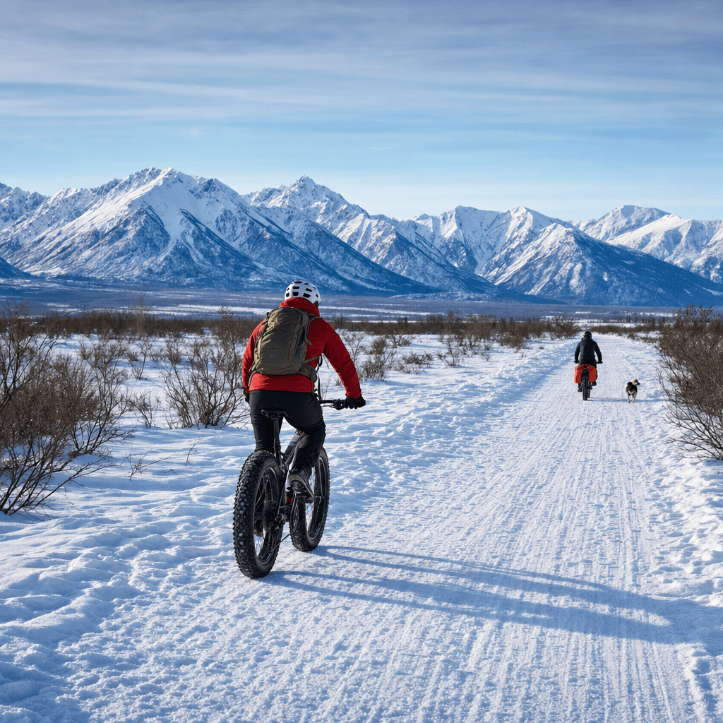 A wide outdoor winter landscape shows a snow-covered track or packed trail stretching into the distance beneath a pale blue sky with thin, streaky clouds.
