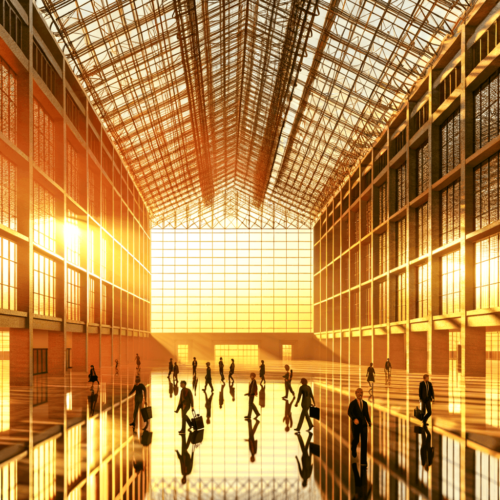 The scene is set indoors within a spectacular architectural atrium, characterized by a high, vaulted glass ceiling arching above, allowing natural light to filter in.