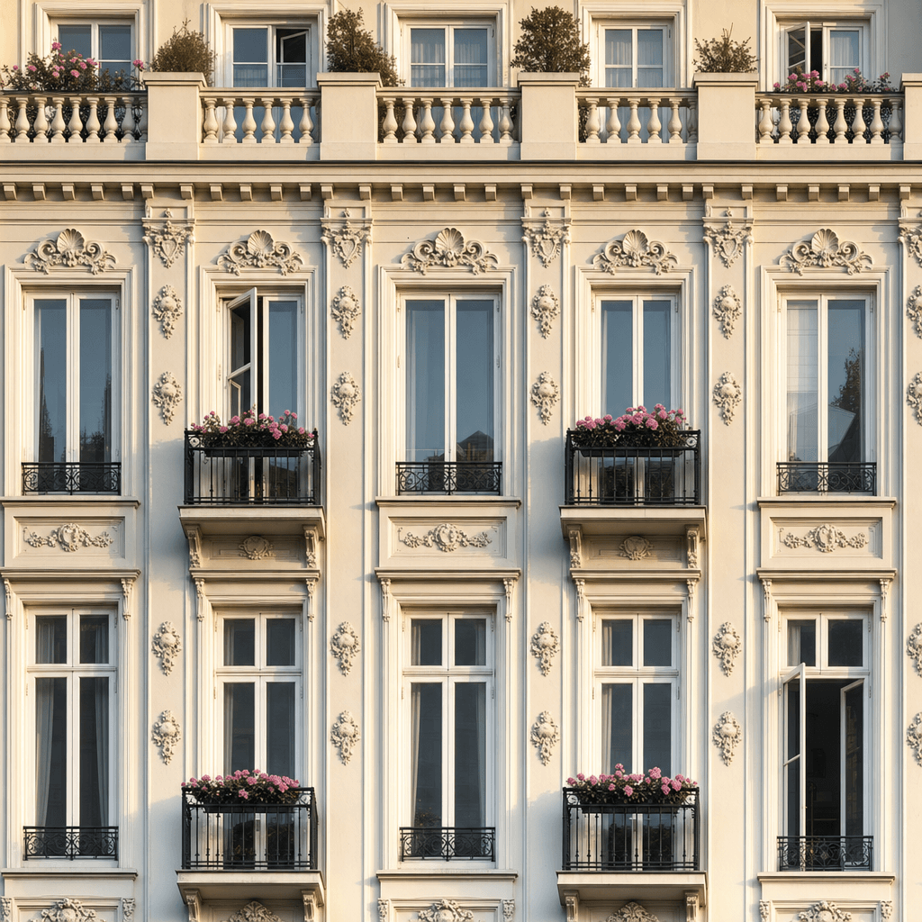 A frontal, medium-distance view of an ornate pale cream apartment façade fills the frame, with no street or sky visible, creating a tight architectural composition centered on the building’s symmetrical upper stories.