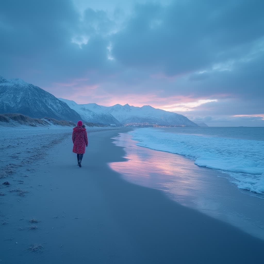 The scene is set outdoors on a vast, serene beach during the gentle transition of dusk.