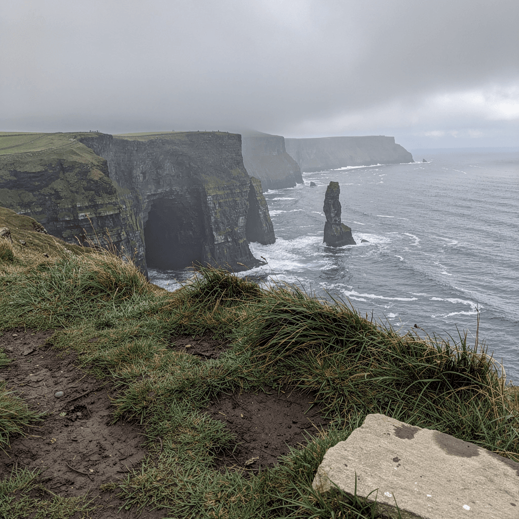 A dramatic coastal landscape captured from a grassy clifftop vantage, showing towering dark sea cliffs plunging into an expansive ocean under a bright, partly cloudy sky.