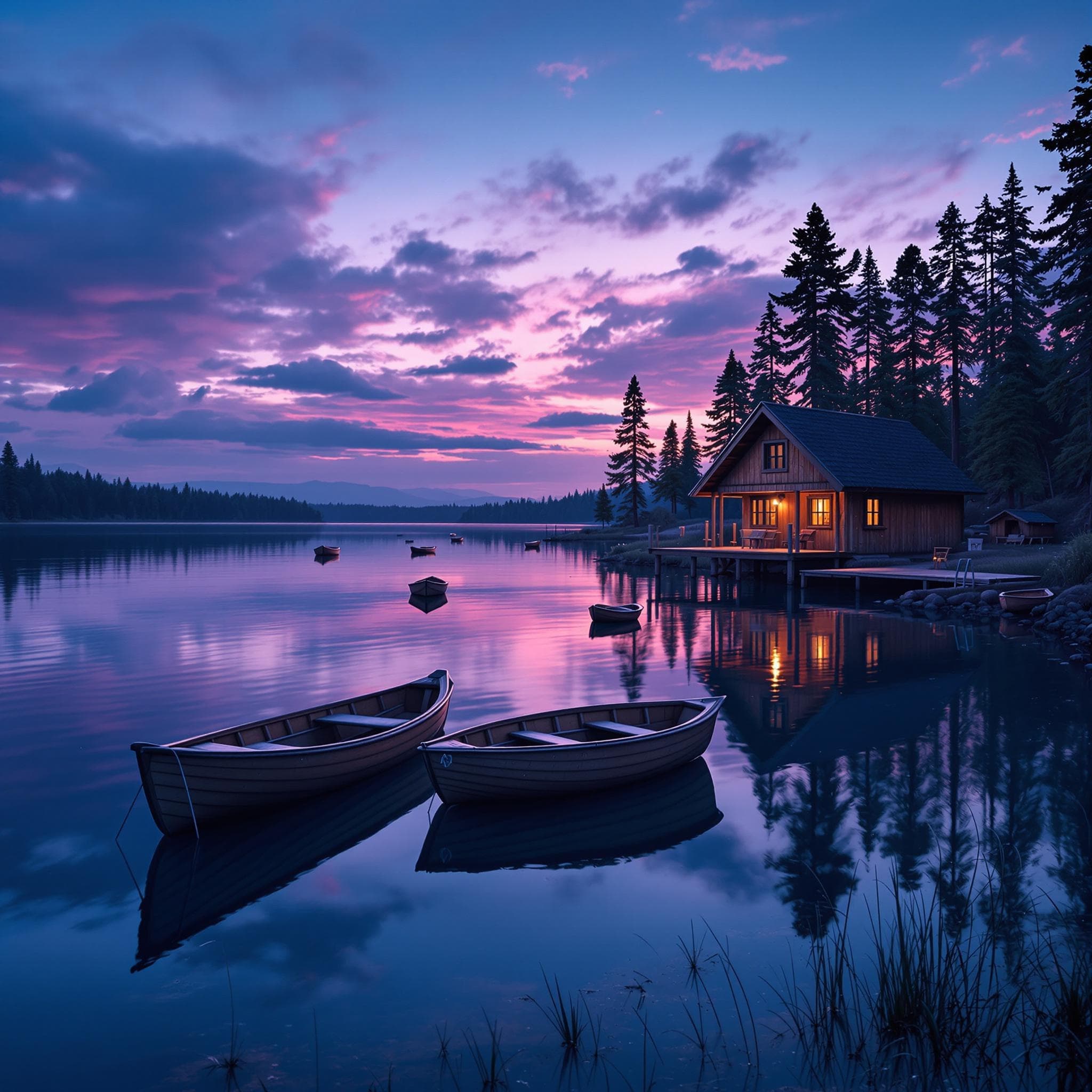 The scene is set outdoors, showcasing a tranquil lakeside landscape framed by towering, rugged mountains.