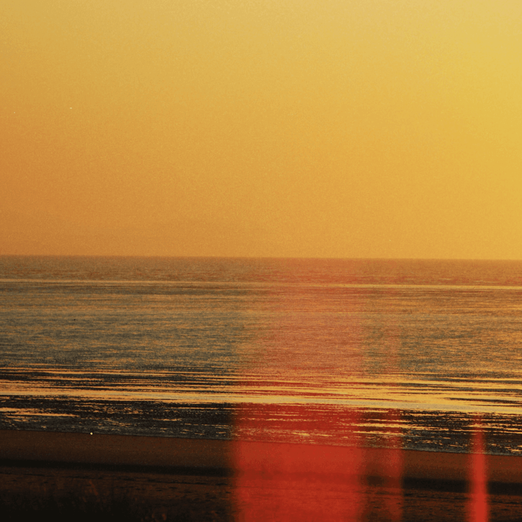The scene is set outdoors at a tranquil beach during sunset.