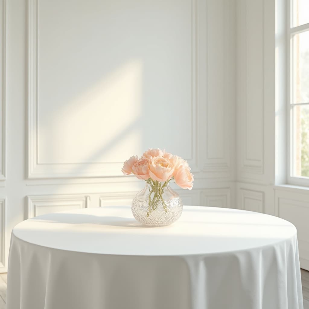 The scene is set indoors, in a sparsely decorated room with minimalistic white walls and soft lighting that gently illuminates the space, creating a serene and peaceful atmosphere.