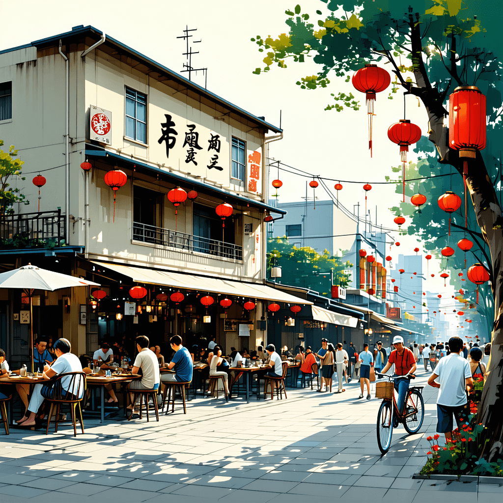 The scene unfolds outdoors in an urban setting during the gentle fade of dusk, casting a warm, ambient light over the surroundings.