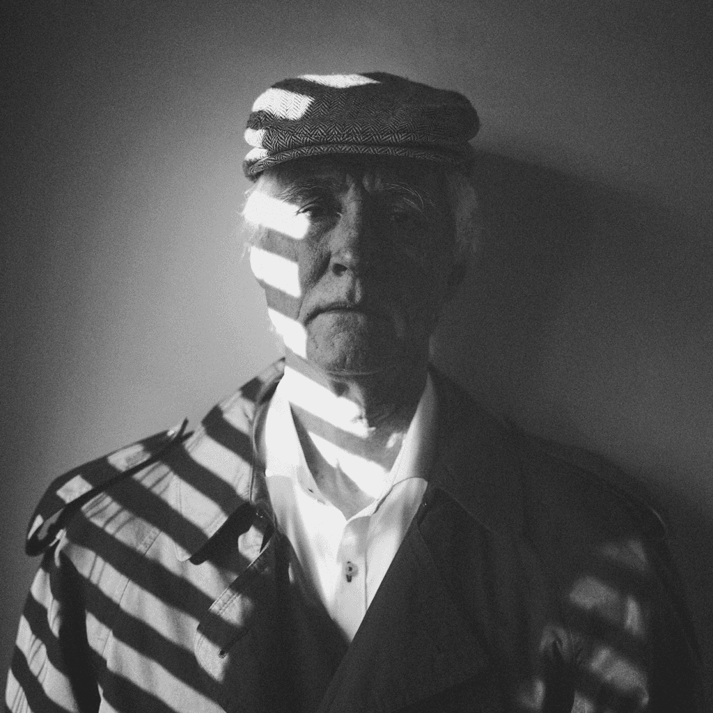A close, chest-up black-and-white portrait shows an older man standing against a plain interior wall, with the camera level and centered on his face and upper torso.